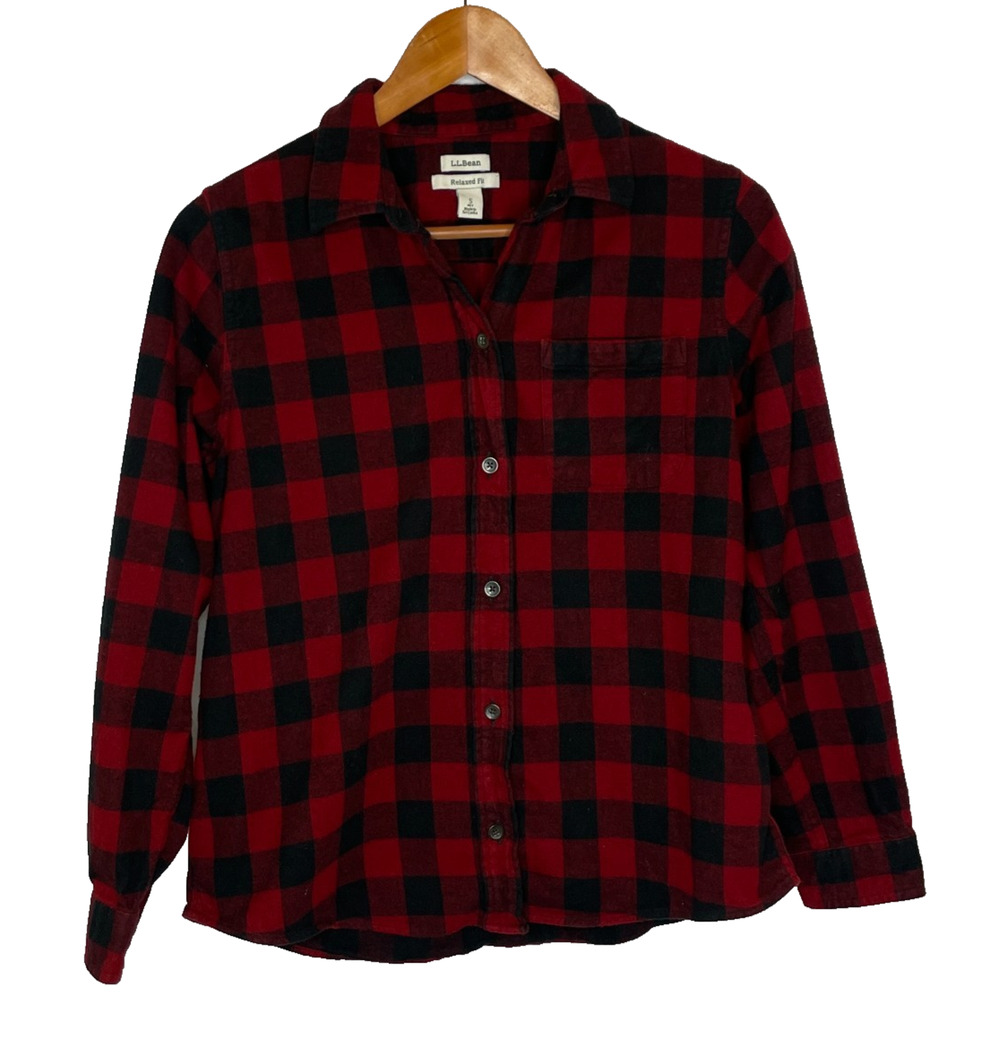 Women's Small Petite L.L.Bean Red Plaid Cotton Flannel Button Down Shirt